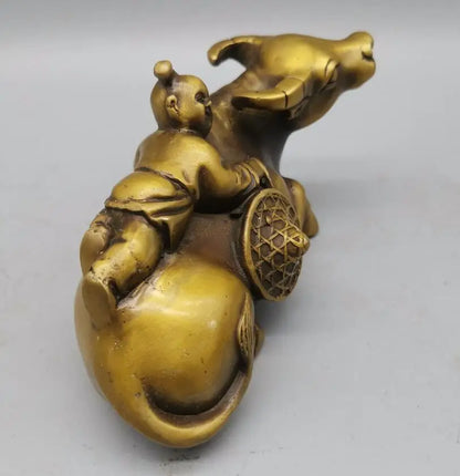 China brass child Riding cow crafts statue