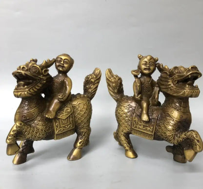 China brass child ride kirin crafts statue A pair