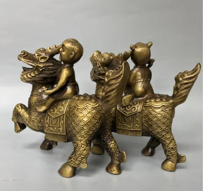 China brass child ride kirin crafts statue A pair