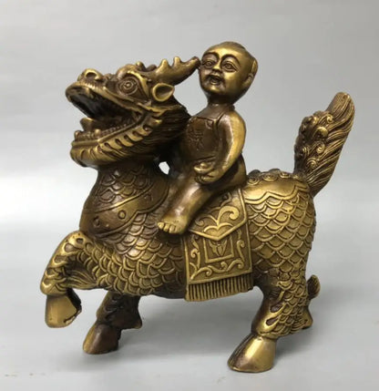 China brass child ride kirin crafts statue A pair