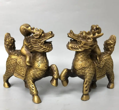 China brass child ride kirin crafts statue A pair