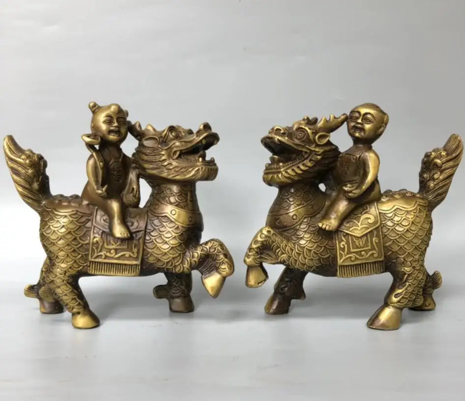 China brass child ride kirin crafts statue A pair