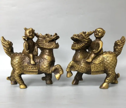 China brass child ride kirin crafts statue A pair