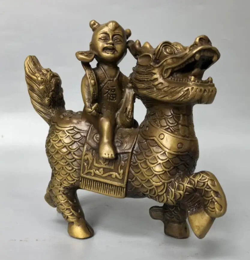 China brass child ride kirin crafts statue A pair