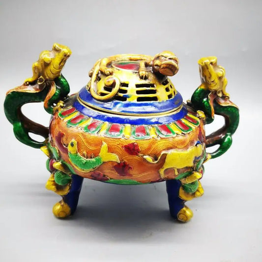 China brass cloisonne archaize double dragon Incense burner crafts statue