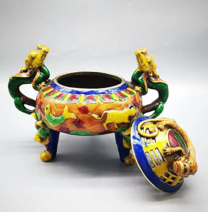 China brass cloisonne archaize double dragon Incense burner crafts statue