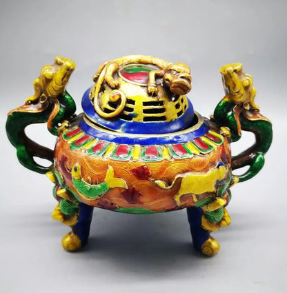 China brass cloisonne archaize double dragon Incense burner crafts statue