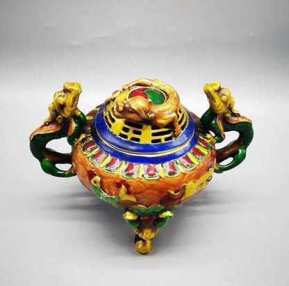 China brass cloisonne archaize double dragon Incense burner crafts statue