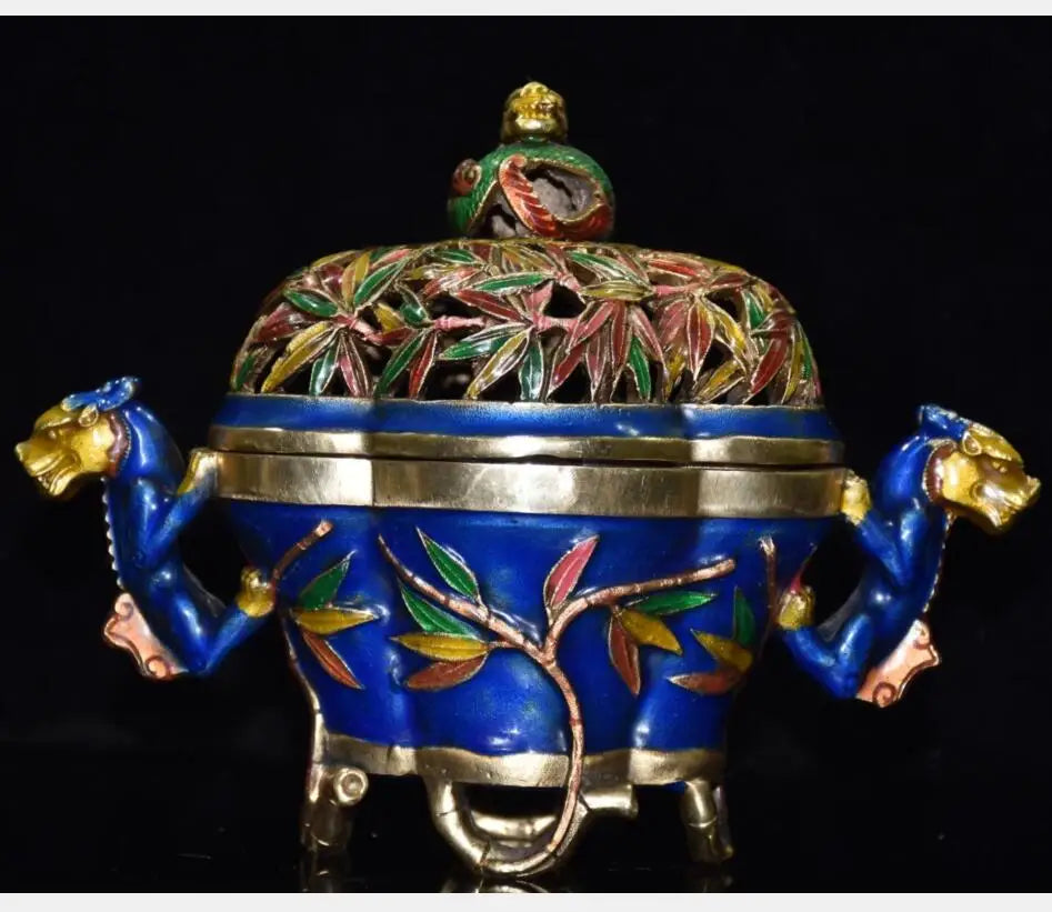 China brass cloisonne bamboo Incense burner crafts statue