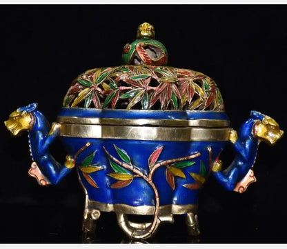 China brass cloisonne bamboo Incense burner crafts statue
