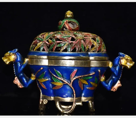 China brass cloisonne bamboo Incense burner crafts statue