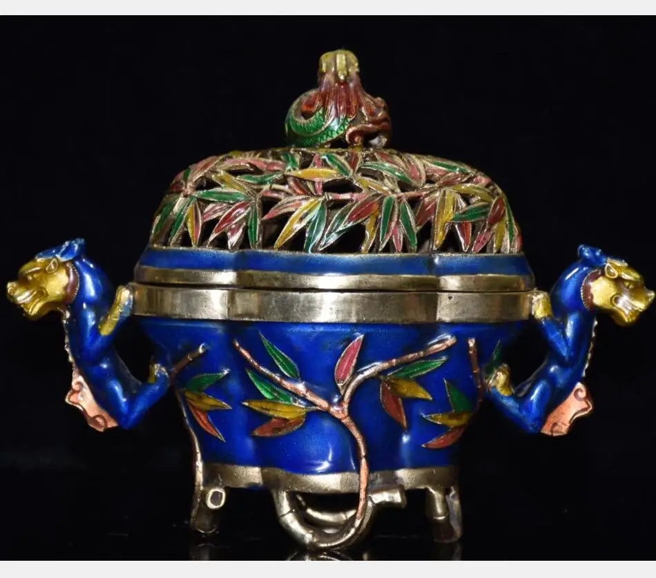 China brass cloisonne bamboo Incense burner crafts statue