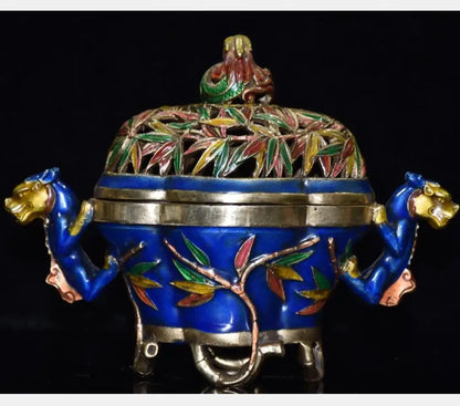 China brass cloisonne bamboo Incense burner crafts statue