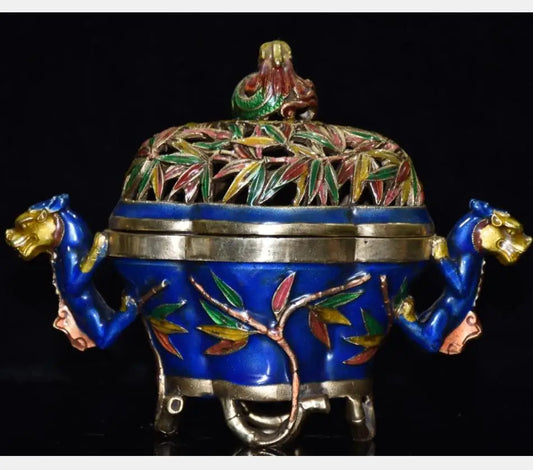 China brass cloisonne bamboo Incense burner crafts statue