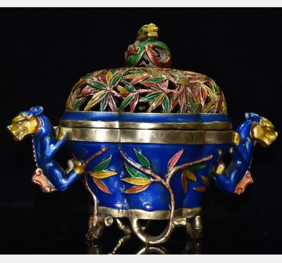 China brass cloisonne bamboo Incense burner crafts statue