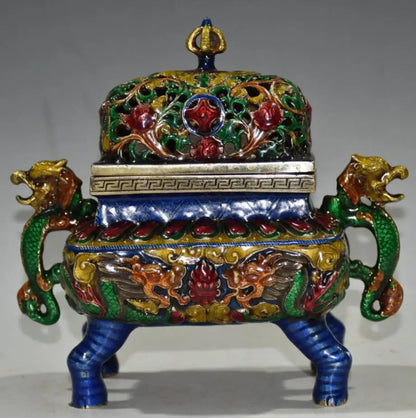 China brass cloisonne double dragon ear Incense burner crafts statue