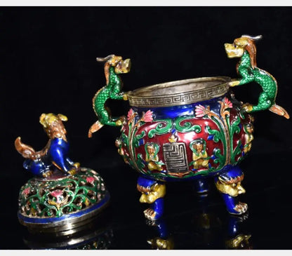 China brass cloisonne double dragon ear Incense burner crafts statue