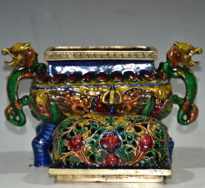 China brass cloisonne double dragon ear Incense burner crafts statue