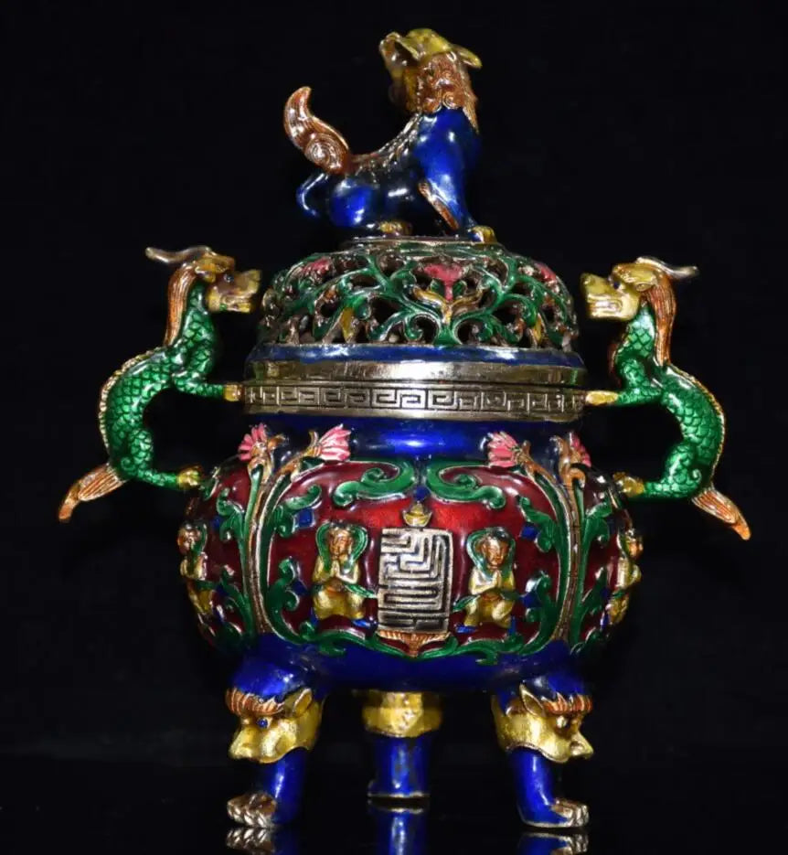 China brass cloisonne double dragon ear Incense burner crafts statue