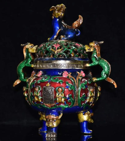 China brass cloisonne double dragon ear Incense burner crafts statue