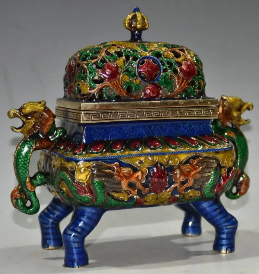 China brass cloisonne double dragon ear Incense burner crafts statue