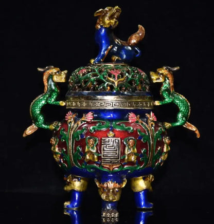 China brass cloisonne double dragon ear Incense burner crafts statue