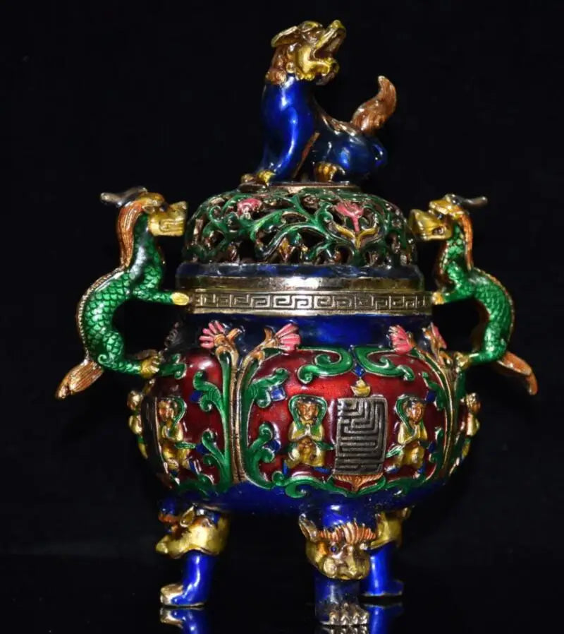 China brass cloisonne double dragon ear Incense burner crafts statue