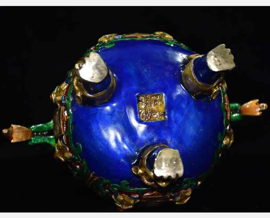 China brass cloisonne double dragon ear Incense burner crafts statue