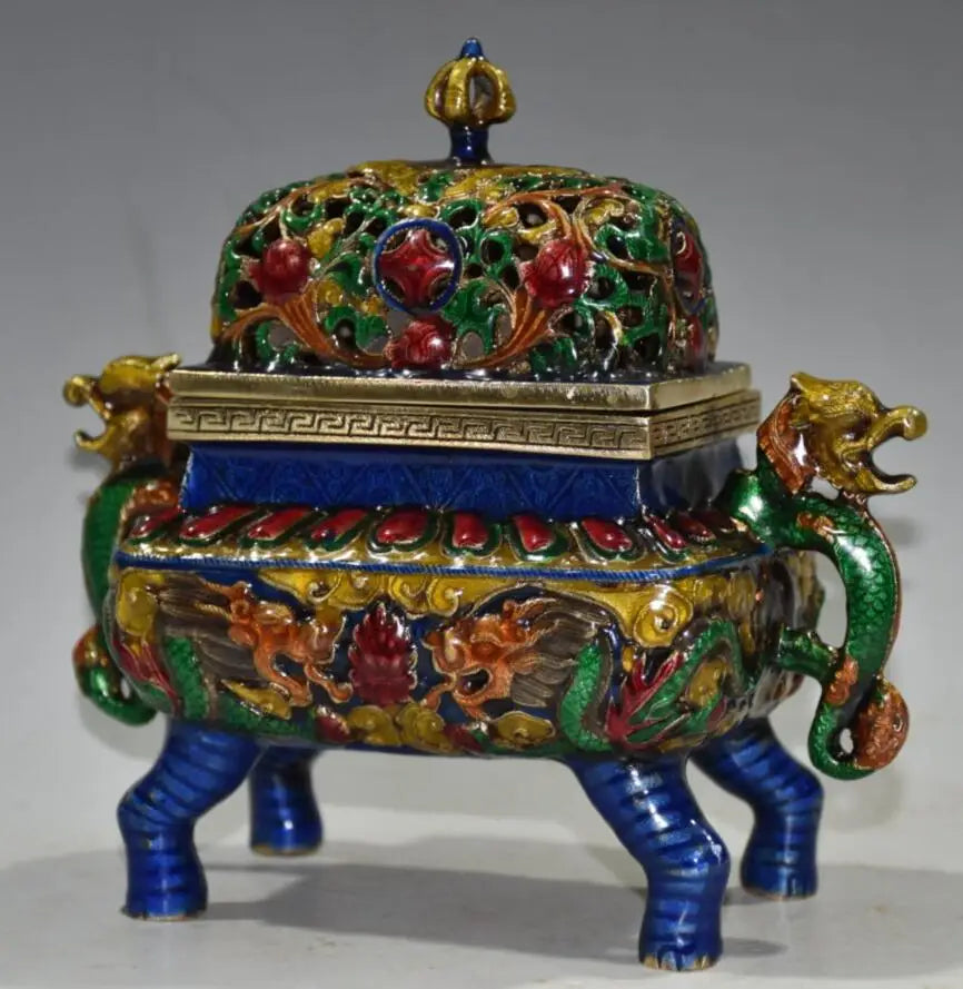 China brass cloisonne double dragon ear Incense burner crafts statue