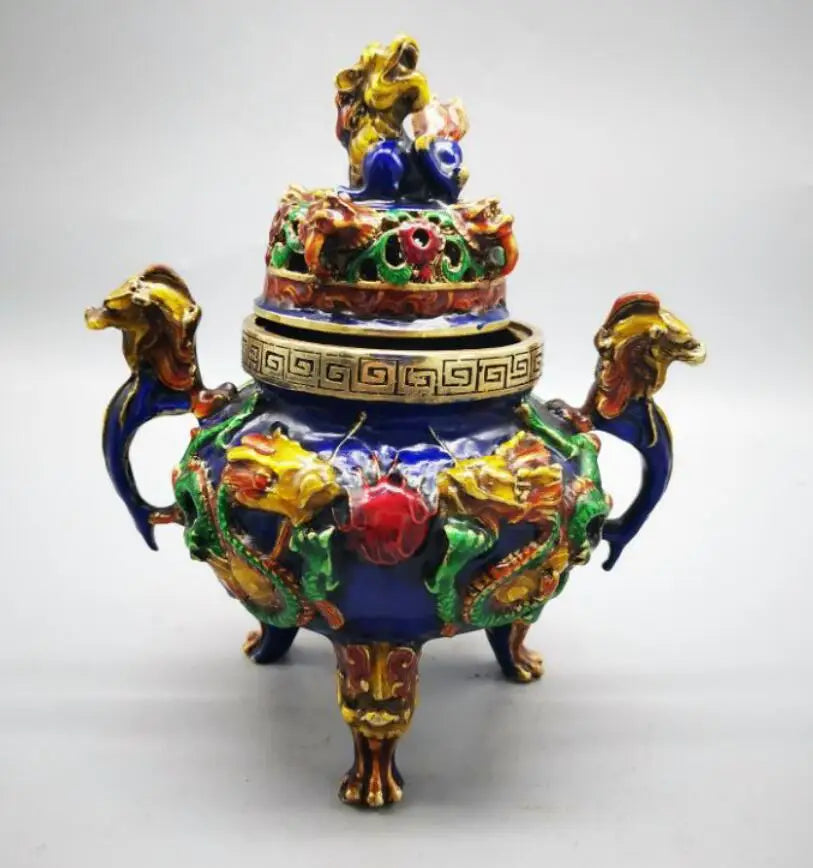 China brass cloisonne double dragon ear incense burner crafts statue
