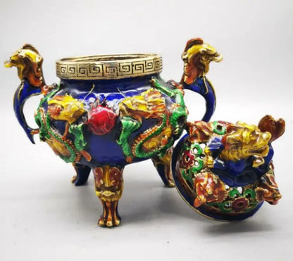 China brass cloisonne double dragon ear incense burner crafts statue