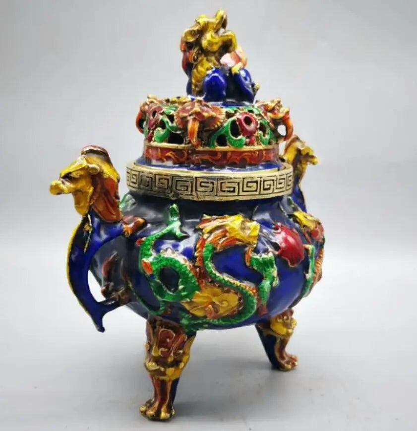 China brass cloisonne double dragon ear incense burner crafts statue