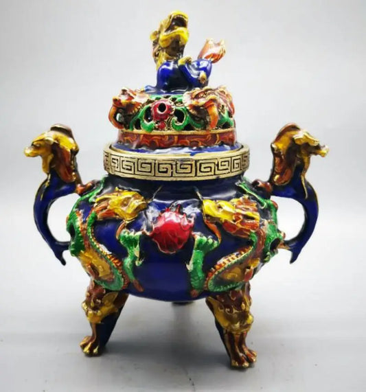 China brass cloisonne double dragon ear incense burner crafts statue