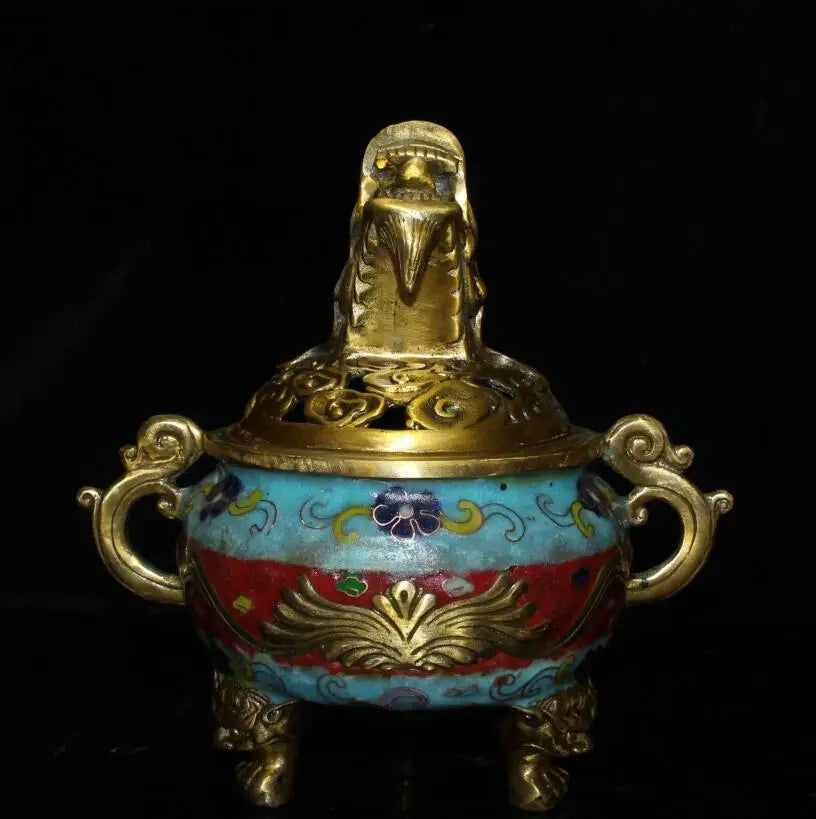 China brass cloisonne dragon head Incense burner crafts statue