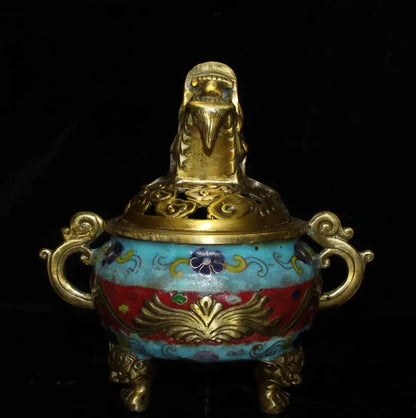 China brass cloisonne dragon head Incense burner crafts statue