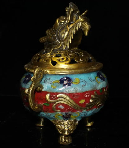 China brass cloisonne dragon head Incense burner crafts statue