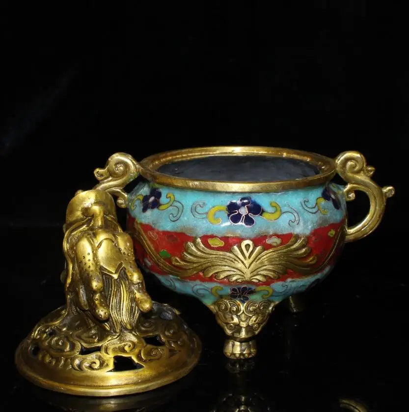 China brass cloisonne dragon head Incense burner crafts statue