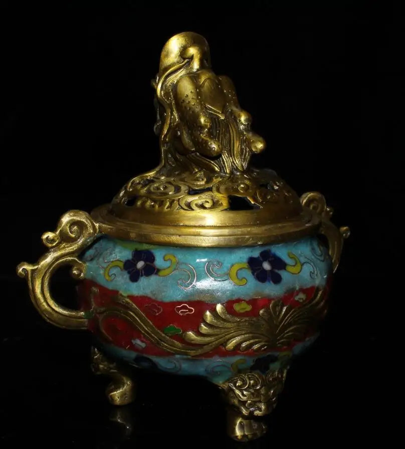 China brass cloisonne dragon head Incense burner crafts statue