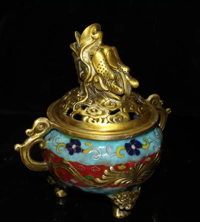China brass cloisonne dragon head Incense burner crafts statue