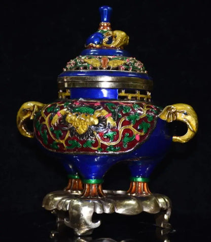 China brass cloisonne elephant Incense burner crafts statue