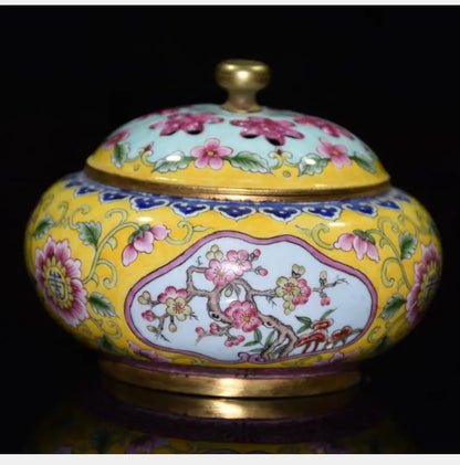 China brass cloisonne flowers Pattern Incense burner crafts statue