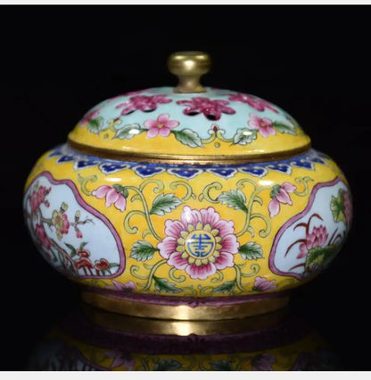 China brass cloisonne flowers Pattern Incense burner crafts statue