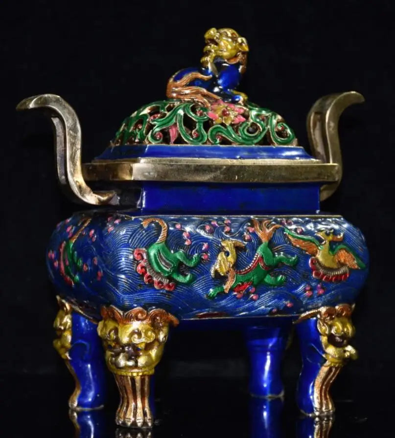 China brass cloisonne lion Incense burner crafts statue