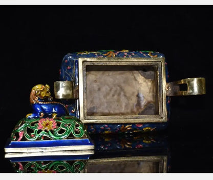 China brass cloisonne lion Incense burner crafts statue