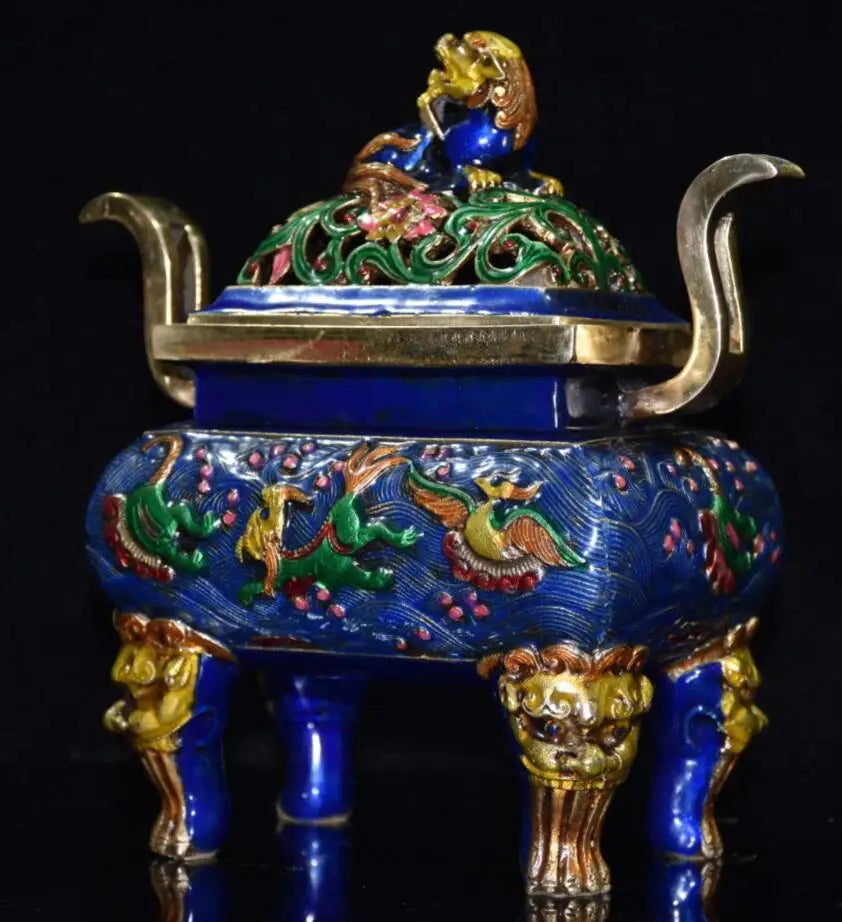 China brass cloisonne lion Incense burner crafts statue