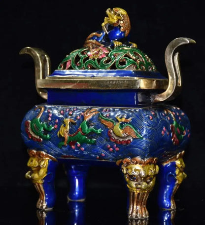 China brass cloisonne lion Incense burner crafts statue