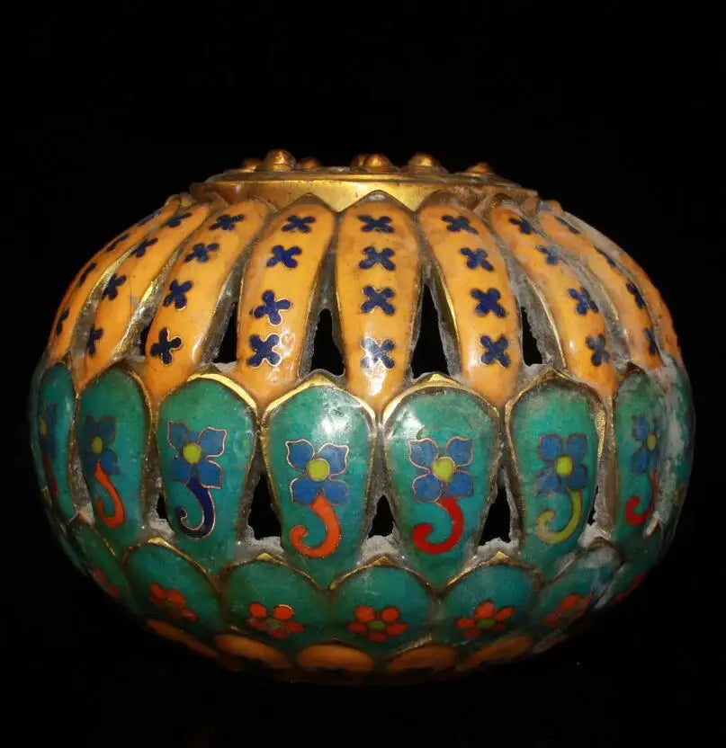 China brass cloisonne lotus Incense burner crafts statue