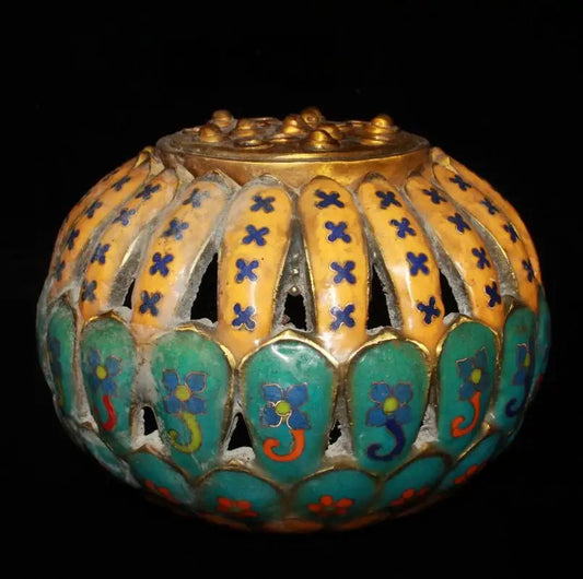 China brass cloisonne lotus Incense burner crafts statue