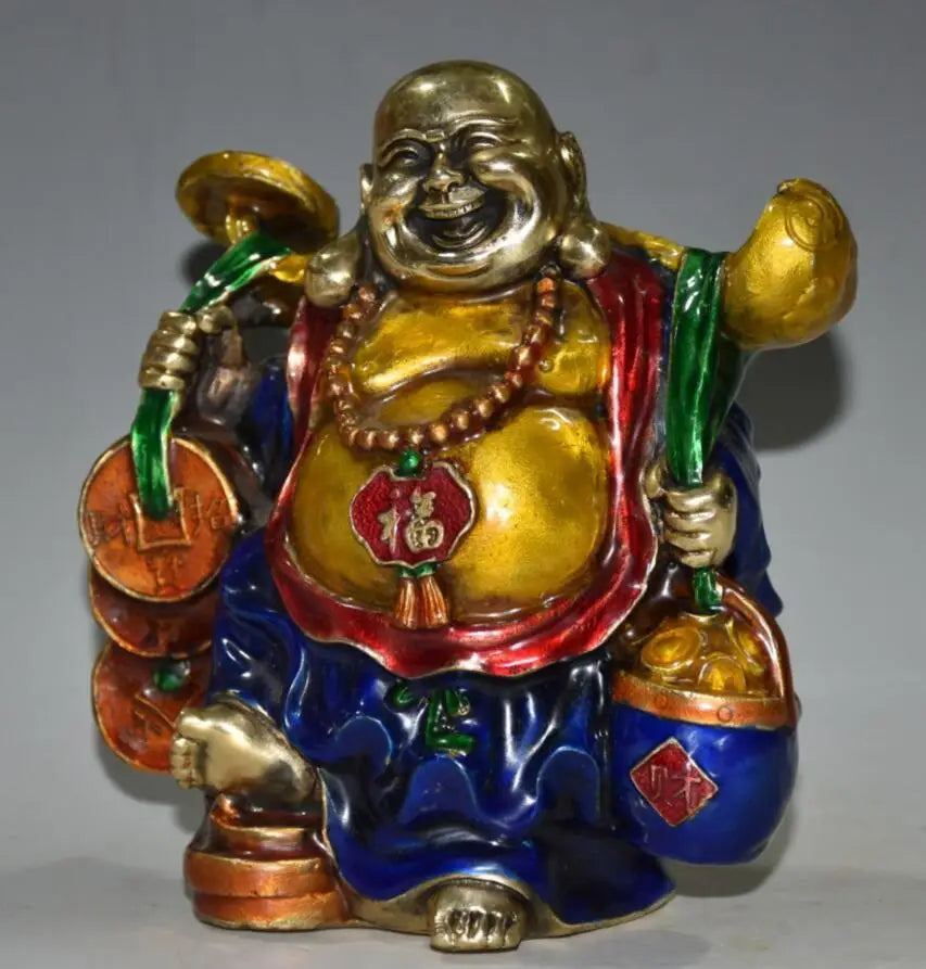 China brass cloisonne money bag maitreya Buddha crafts statue