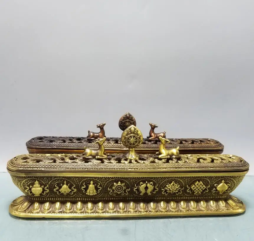China brass double deer Tibetan Incense burner crafts statue
